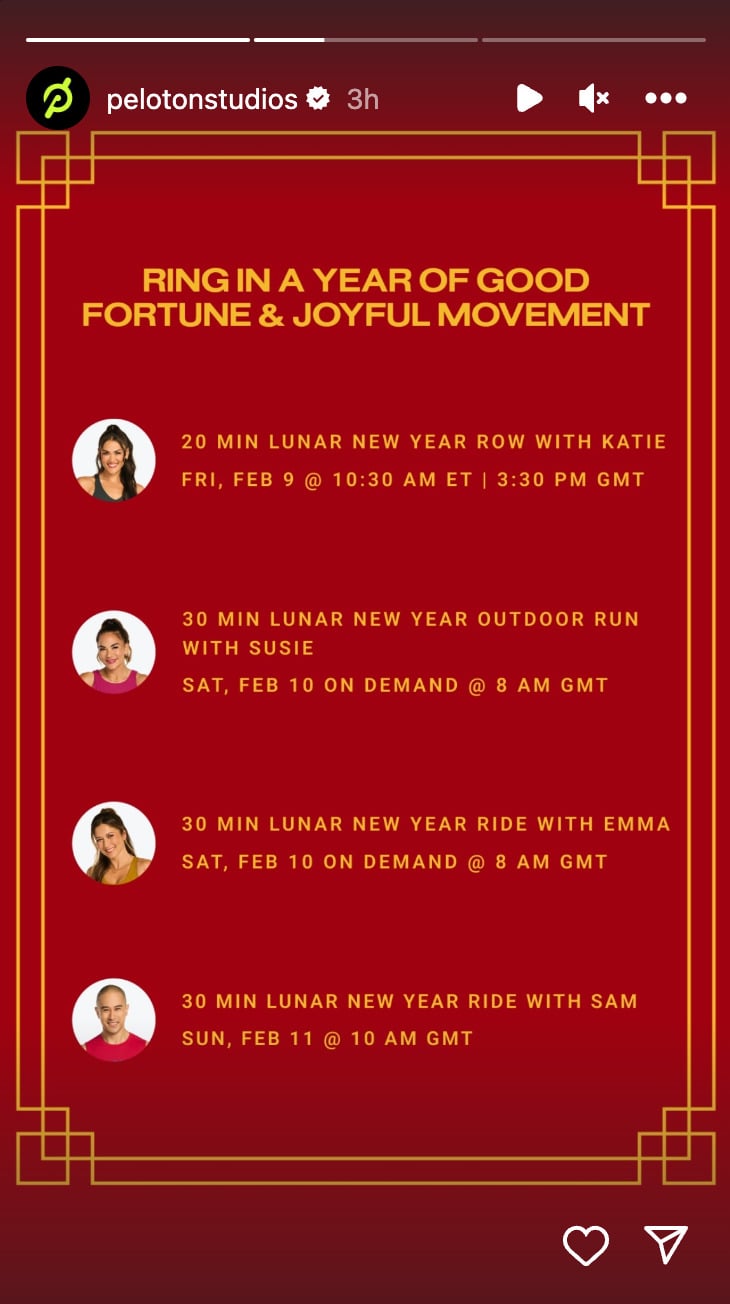 2024 Lunar New Year class list. Image credit Peloton social media.